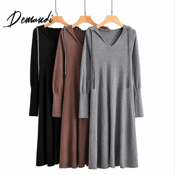 

Demandi women's knitting dress autumn and winter women's new loose and thin hooded lace up long sleeve dress