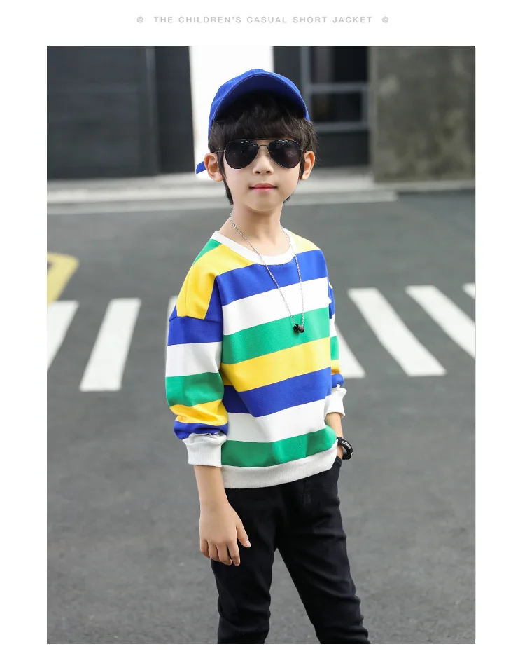 Children t-shirts boy clothes long sleeve coats red green yellow stripe Tshirts teens boys kid sweatshirt 4-14 years tops tees