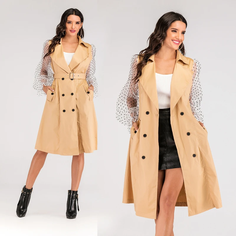2020 New Double Breasted Spliced Dot Print Sleeve Long Trench Coat Women Windbreaker Turn-down Collar Lace-Up Long Overcoats