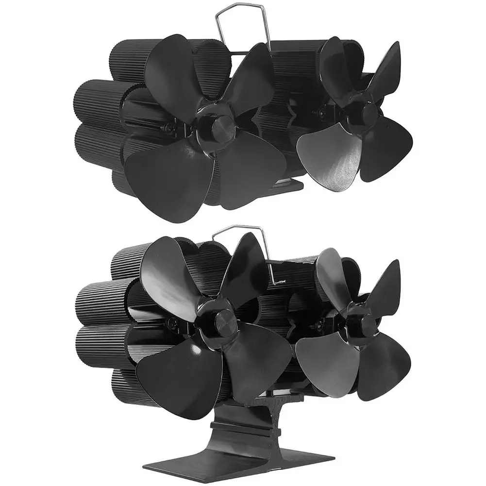 8 Blades Double Heads Burning Stove Fireplace Fan Wall-mounted Heat Powered Dual Motor Stove Fan Uiet Home Fireplace Fans