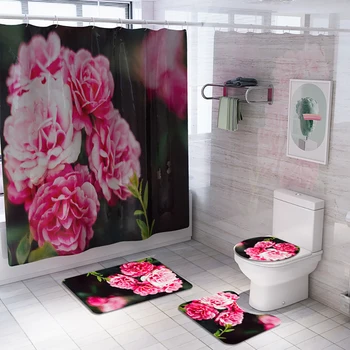

4pcs Shower Curtain Waterproof Soft Hotel Universal Non Slip Washable Polyester Floor Pad Bathroom Mats Set Home Flower Print