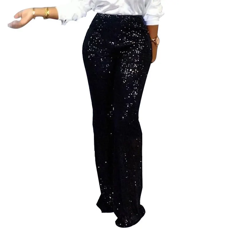 Женские длинные широкие брюки с блестками, женские блестящие Серебристые черные брюки с высокой талией, женские брюки для вечеринок и танцев, расклешенные штаны