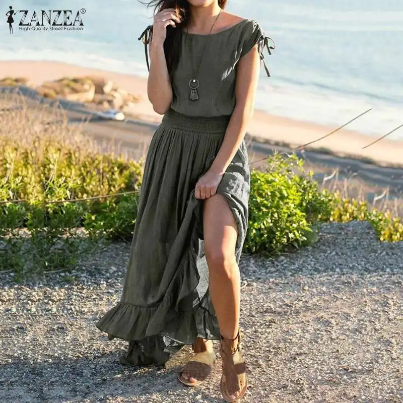 ZANZEA 2020 Womens Summer Sundress Elegant Split Maxi Dress Short Sleeve High Waist Long Vestidos Plus Size Casual Robe Femme ZANZEA 2020 Womens Summer Sundress Elegant Split Maxi Dress Short Sleeve High Waist Long Vestidos Plus Size Casual Robe Femme