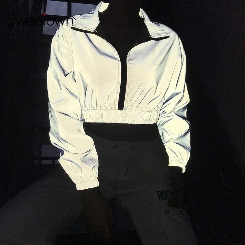

Sweetown Fall 2019 Silver Reflective Crop Sweatshirt Women Streetwear Turtleneck Long Sleeve Bomber Punk Sweatshirt Pullovers