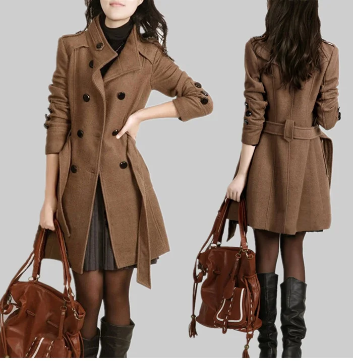Зимнее пальто длинное осеннее шерстяное пальто с поясом женское приталенное двубортное пальто черная верхняя одежда для женщин Новинка