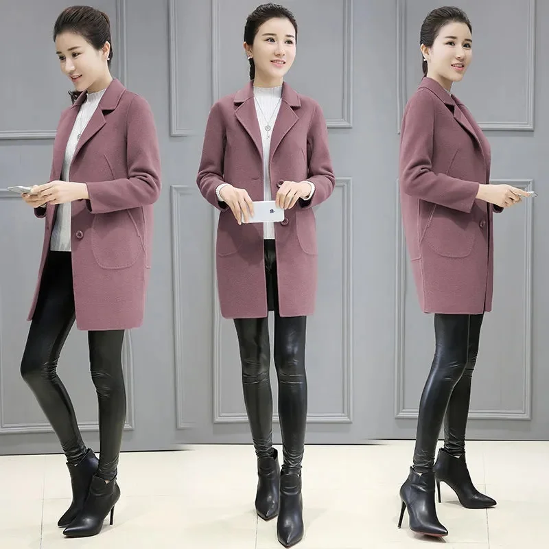 Women‘s Suit Neck Wool Coat 2021 Woman Autumn Winter Mid-Length lining Coat Slim Solid Color Woolen Jacket Female W73
