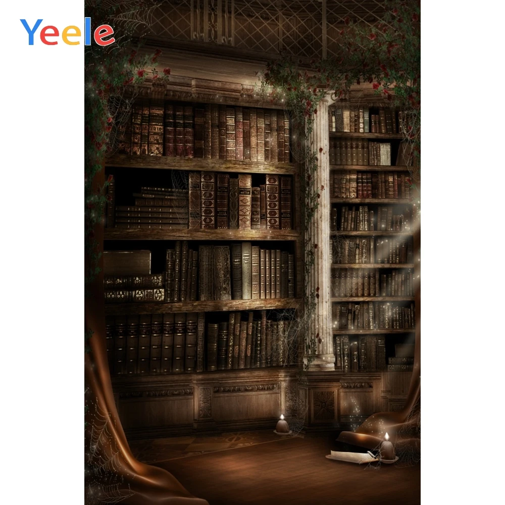 Винтажные книжные полки книги метла Хэллоуин фон интерьер комнаты фотографии