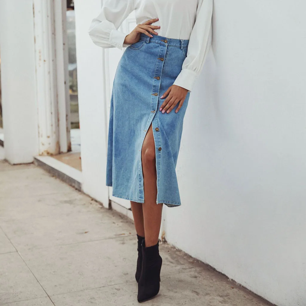 Женская летняя джинсовая повседневная юбка на пуговицах с карманом, длинная юбка faldas mujer moda юбка женская юбка