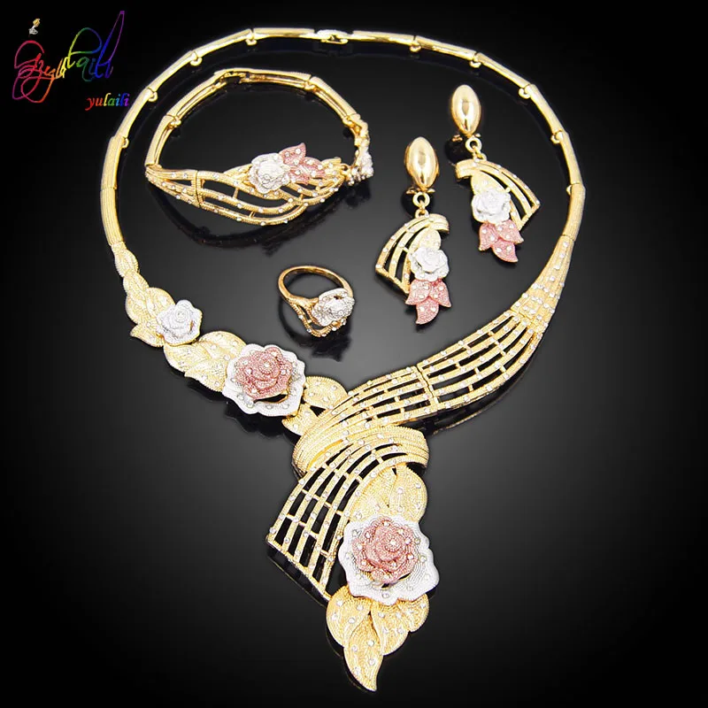 Yulaili, новинка, Дубай, ювелирные наборы для женщин, винтажные турецкие свадебные аксессуары, Посеребренная Подвеска, ожерелье, серьги, браслет, кольцо