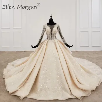 

New Middle East Long Sleeves Lace Wedding Dresses Puffy Luxury 2020 Real Photos Boat Neck Beads Illusion Bridal Gowns For Women