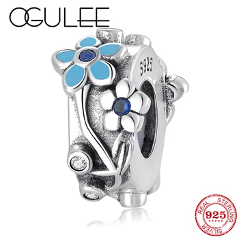 

100% 925 Sterling Silver Blue CZ Enamel Flower Spacer Stopper beads Metal Fit Original Pandora Charm Bracelet Jewelry making
