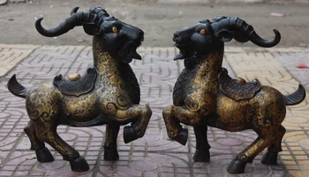 

001512 17" Chinese Bronze Gilt Animal FengShui RuYi Wealth Money Sheep Goat Statue Pair (A0414)