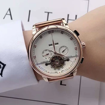 

2020 Skeleton watch men luxury Automatic self-wind rose gold case white dial Glass open back 1:1 leather strap AAA quality 23
