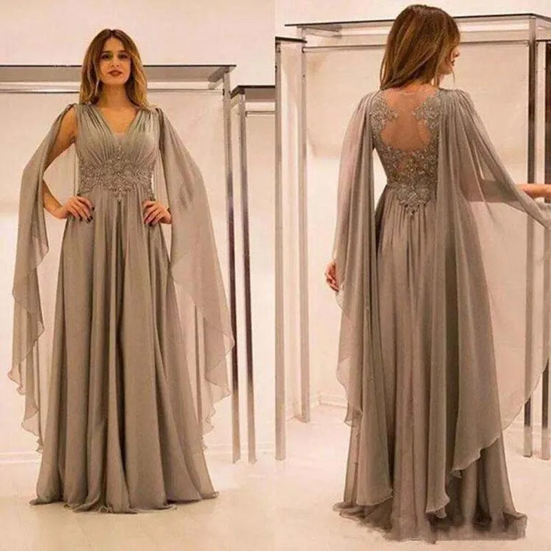 

Modest Saudi Arabic Brown Chiffon A-line Prom Gowns With Cloak Lace Appliques Abiye Formal Party Dresses