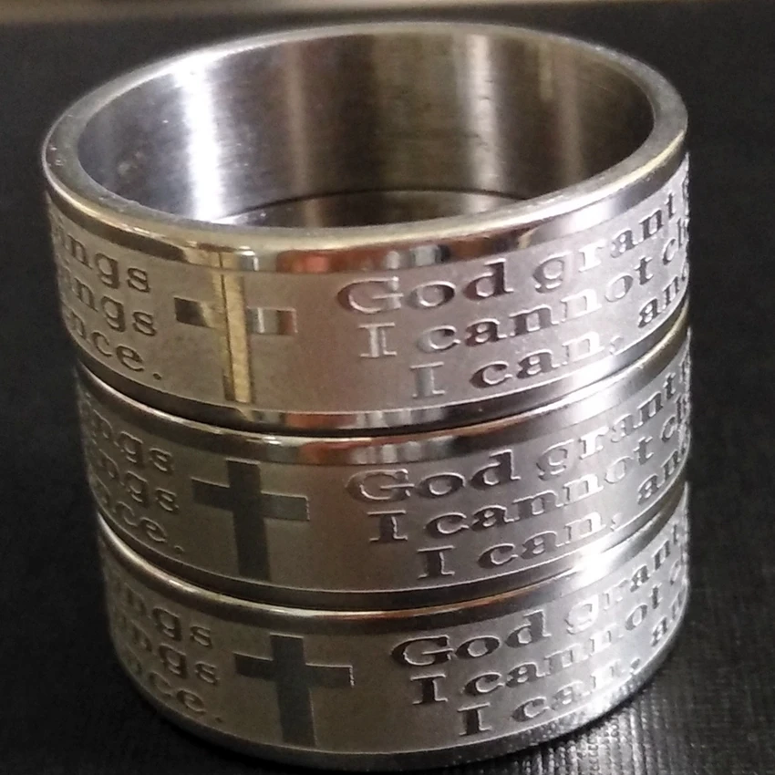 30pcs Etch English Serenity Prayer Cross Jesus Stainless Steel Ring Wholesale Men Religious Jewelry Lots " God grant me..." 6