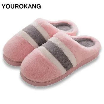 

Winter Ladies Home Slippers Plus Size Flock Women Plush Slipper Striped Antiskid Lovers Couple Shoes Indoor Bedroom Footwear