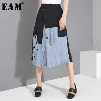 

[EAM] High Elastic Waist Blue Denim Button Irregular Chiffon Half-body Skirt Women Fashion Tide New Spring Autumn 2020 1U83301