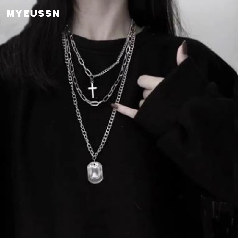 

Hip Hop Personality Couple Metal Necklace /Square Cross/ Clavicle Chain Female/Men Jewelry /Gift Simple Multi-layer Long Chain