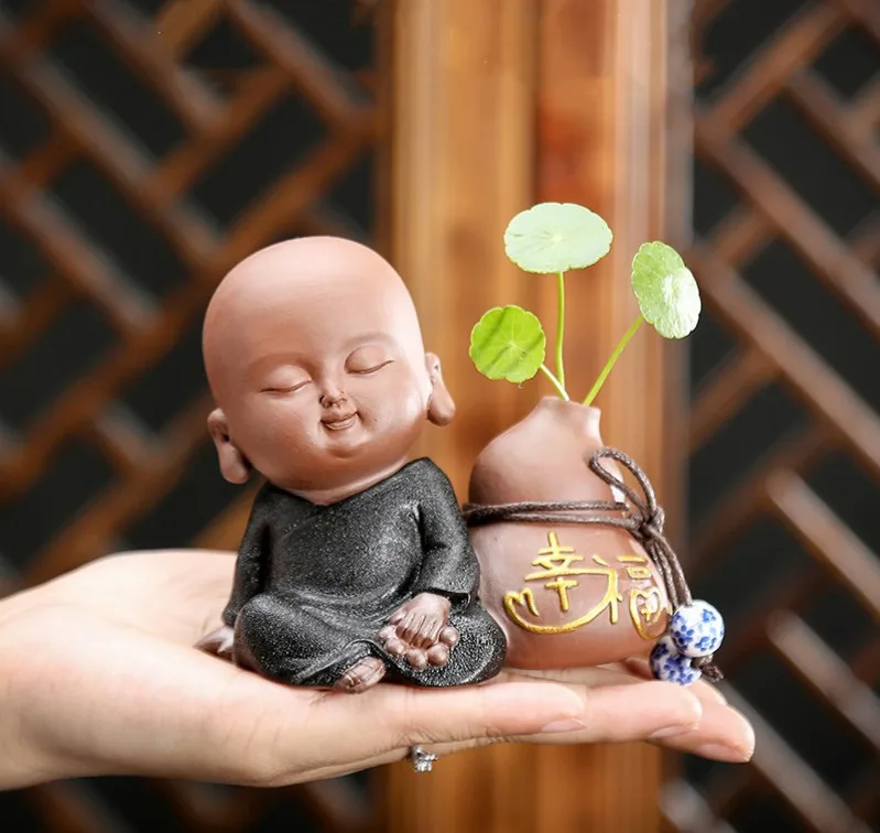Purple Clay Small Monk Creative Tea Pet Mini Flower Vase Car Ornaments Personality Tea Tray Decoration Boutique Tea Play