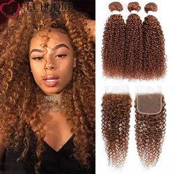Kinky Curly Bundles With Lace Closure 4x4 Blonde 27 30 33 Brown Hair Brazilian Remy Human Hair 3 Bundles With Closure Euphoria