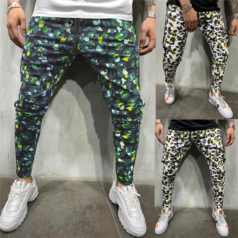 Высокая талия весна лето мода карман для мужчин Slim Fit Леопардовый принт прямые брюки повседневные карандаш Jogger повседневные брюки
