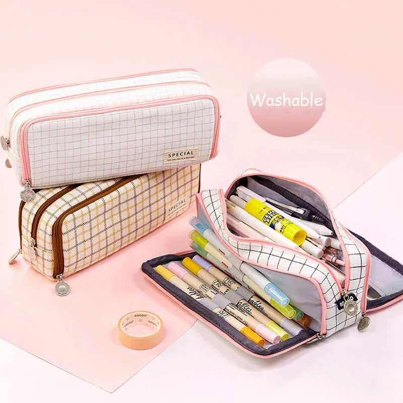 

Korean Large Capacity Pencil Case Multi-Function Zipper Canvas Pen Bag School Office Stationery For Girls Storage Pouch Supplies