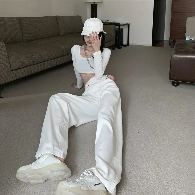 GOOHOJIO-pantalones vaqueros de cintura alta para mujer, Jeans de pierna ancha a la moda, Color blanco sólido, pantalones extra grandes, 2020