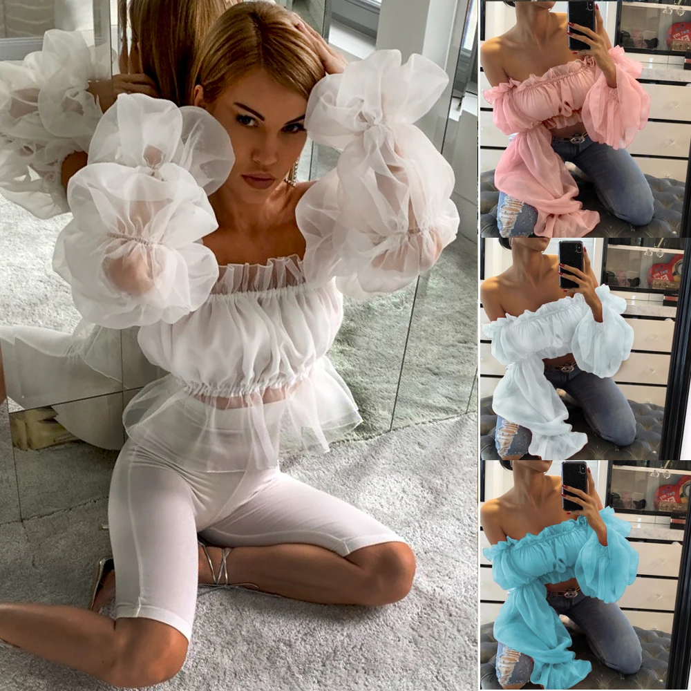 Summer New Women Sexy Off Shoulder Ruffles Organza Blouses Long Puff Sleeve Mesh Sheer Crop Tops Shirt Short Blouse | Женская одежда