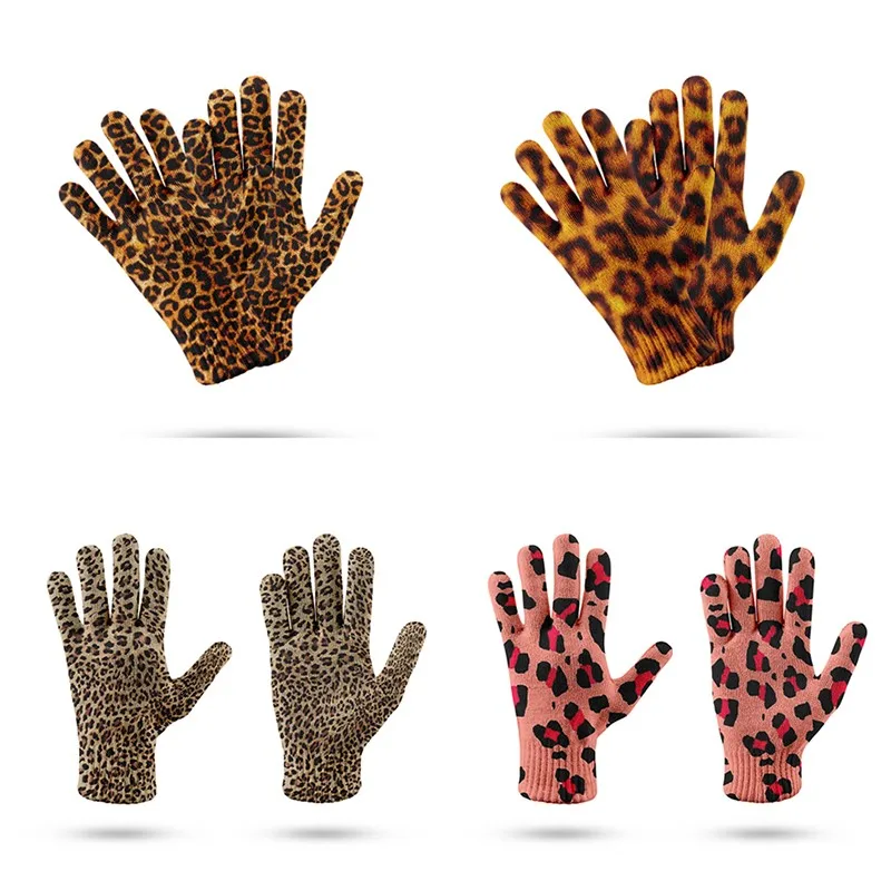 Fashion Leopard Knitted Glove Autumn Winter Cycling Non-Slip Acrylic Gloves Unisex Smart Phone Touch Screen Gloves