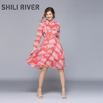 

New spring autumn chiffon dress for women a line long sleeve slim casual elegant floral print bow neck knee length dresses red