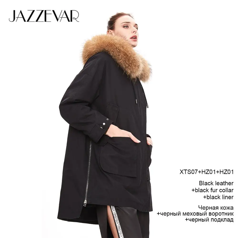 black coat black fur JAZZEVAR Зимнее новое поступление женское пальто высокое качество средней длины новая модная стильная парка с натуральным мехом теплое женское зимнее пальтоK9036-1 - Цвет: black coat black fur