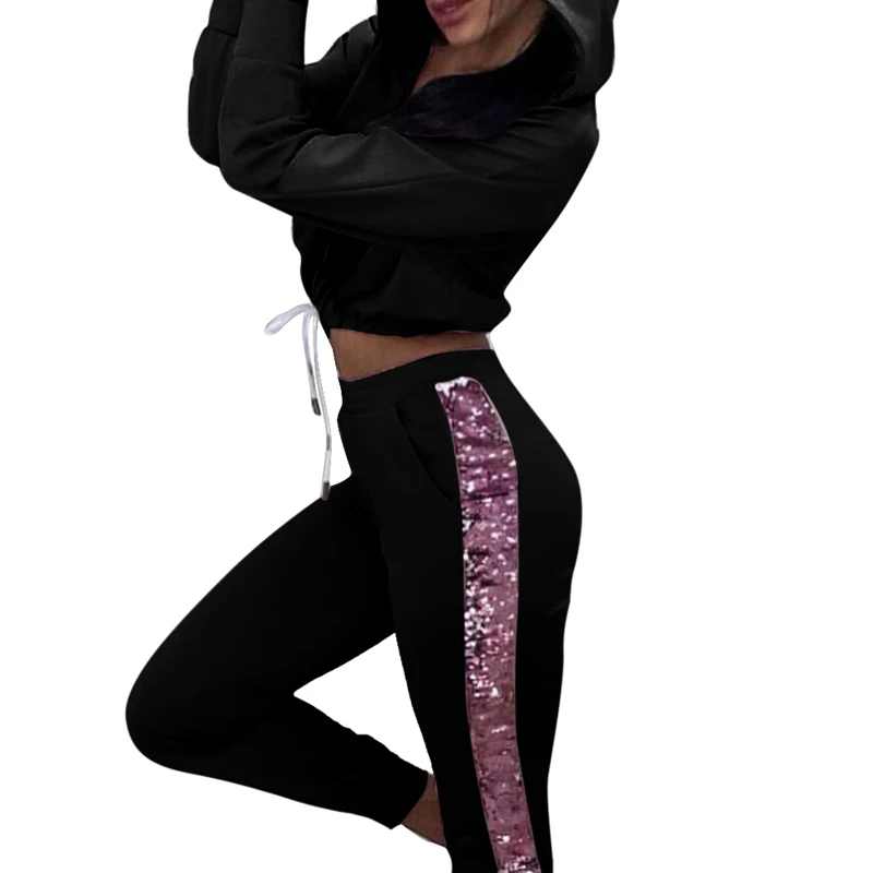 Loozykit, женские комплекты из двух предметов, повседневные спортивные толстовки с капюшоном и блестками, тренировочные костюмы для бега, костюмы для бега, комплекты из 2 предметов - Цвет: Черный