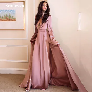 

Smileven silk Satin Evening Dresses 2020 Sexy V Neck Flare Sleeve Party Gowns Double Split Robe De Soiree Prom Dresses Plus Size