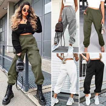 

New High Waist Casual Loose With Pockets Long Pants For Spring 2020 Female Fashion Solid Color Splice Cotton Casual Pants Womens