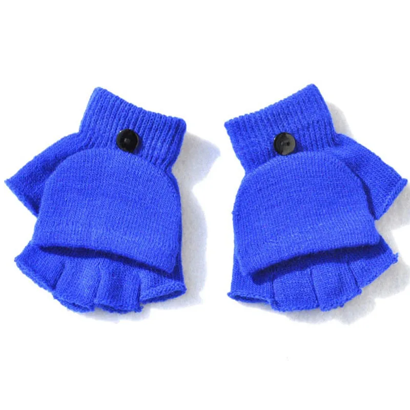 Royal blue Детские зимние перчатки от 4 до 10 лет, складывающиеся перчатки, сохраняющие тепло, вязаные варежки унисекс с полупальцами - Цвет: Royal blue