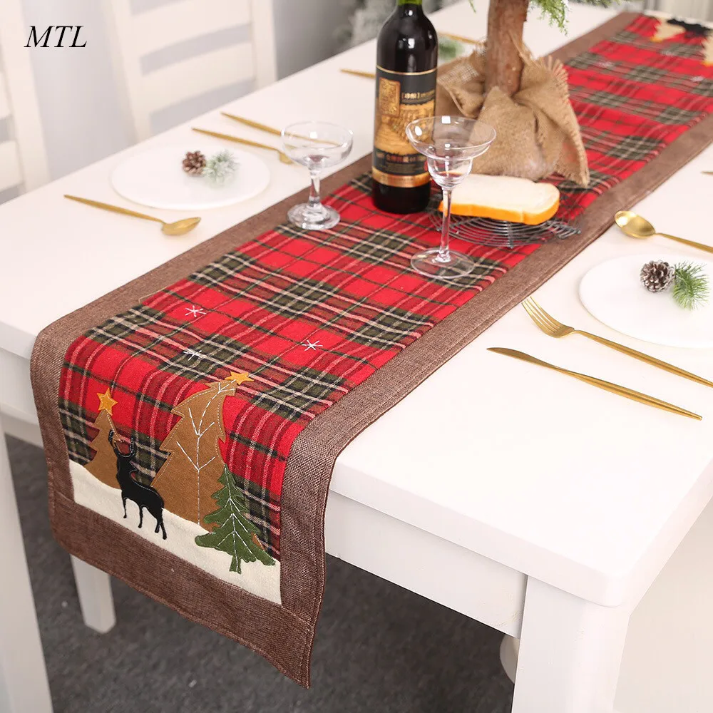

MTL 180cm Table Runner for Christmas decoration Plaid Cloth Elk Small Tree Table Mat Insulation Mat New Year Festive Decoration