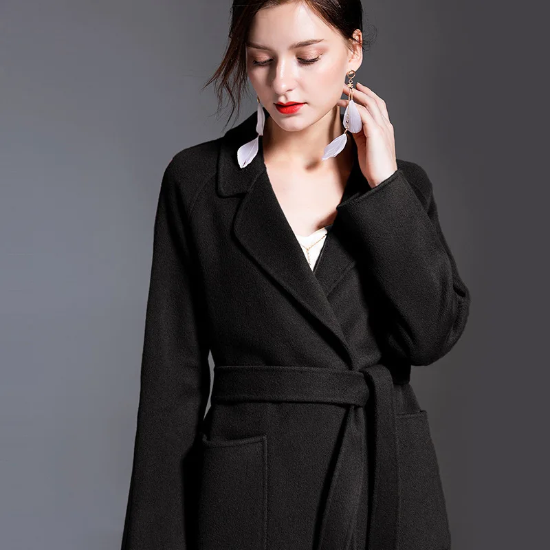 Женские зимние пальто с розовым поясом, двухсторонняя шерстяная кашемировая верхняя одежда, осень размера плюс, женская мода, длинные