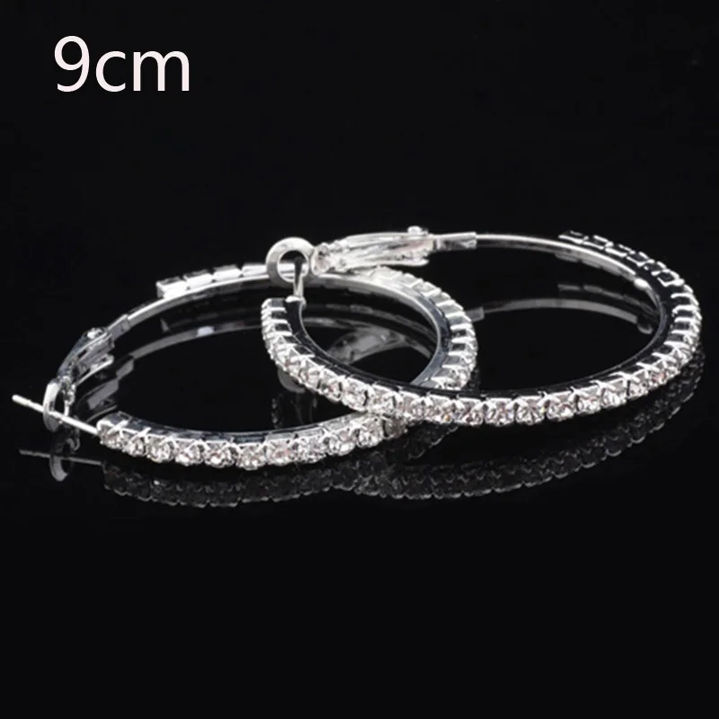 9CM Большие серьги-кольца со стразами, свадебные Стразы с серебряными кристаллами, большая серьга в виде кольца для женщин, женские свадебные украшения 40-100 мм - Окраска металла: 9CM