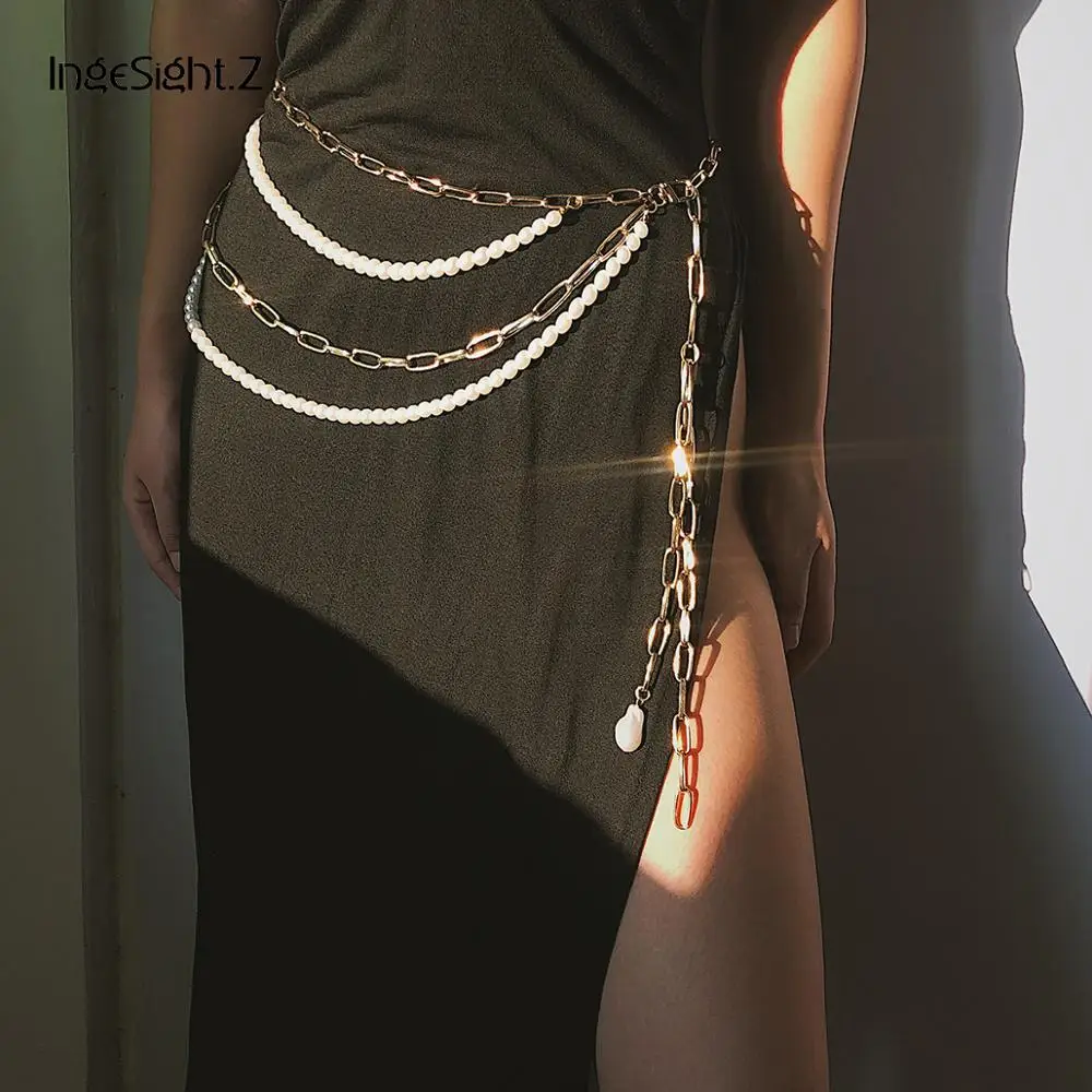 

IngeSight.Z Retro Multilayer Imitation Pearl Body Chain Sexy Harness Chunky Metal Chain Waist Belly Chain for Women Body Jewelry