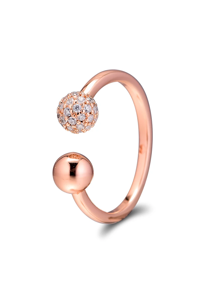 Rose Polished& Pave Bead Open Rings Authentic 925 Sterling-Silver-Jewelry with Clear CZ Free Shipping