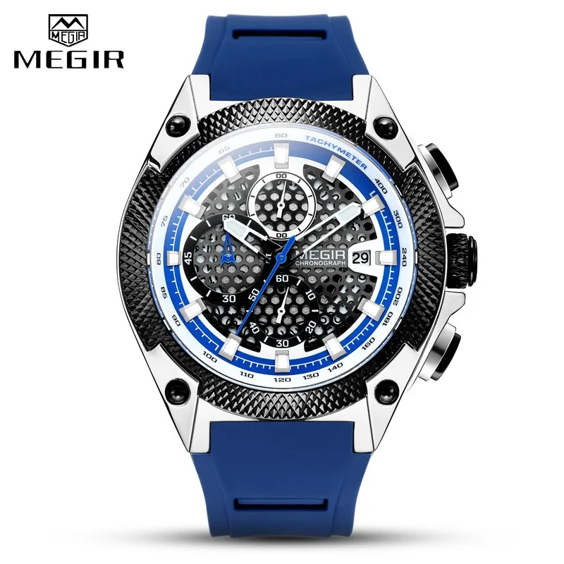Relogio MEGIR новые спортивные мужские часы Известный люксовый бренд Хронограф Военная мода Мужские Силиконовые кварцевые часы мужские часы - Цвет: Blue