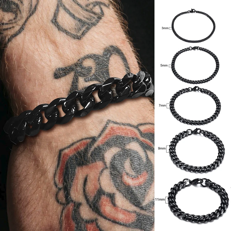 От 3 до 11 мм широкий черный кубинский браслет из нержавеющей стали в стиле хип-хоп ювелирный браслет 7 до 9 дюймов