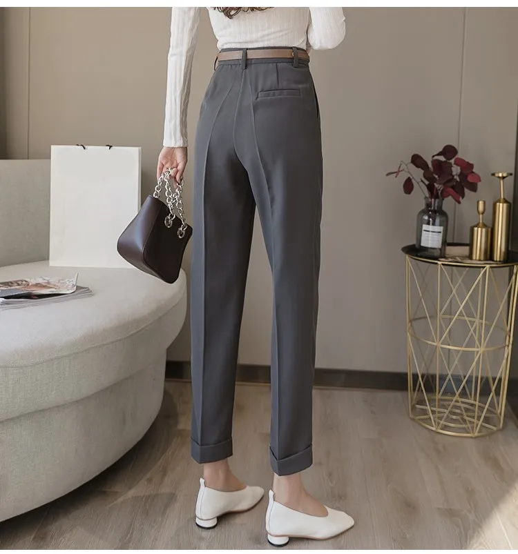H71b4b0c5cc5a4c249b08f74731edde4cp - Spring / Autumn Korean High Waist Pockets Ankle-Length Straight Pants with Belt