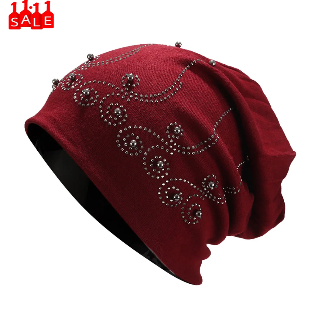 Beading decoration Women Bomber red Hats Winter Trendy Warm Oversized Chunky Baggy Stretchy Slouchy Skully Hat czapka zimowa#ZC