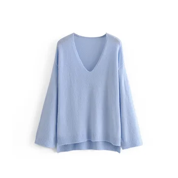 

2020 Spring Women's New V-neck Long Sleeve Fashion Casual Soft Fine Knitted Wide Sweater Pullover Sweater