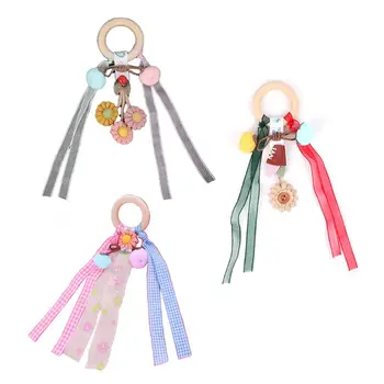 

3 Pcs Baby Teething Wooden Ring Colorful Ribbon Rattle Teether Newborn Nursing Chewing Toys Shower Gifts