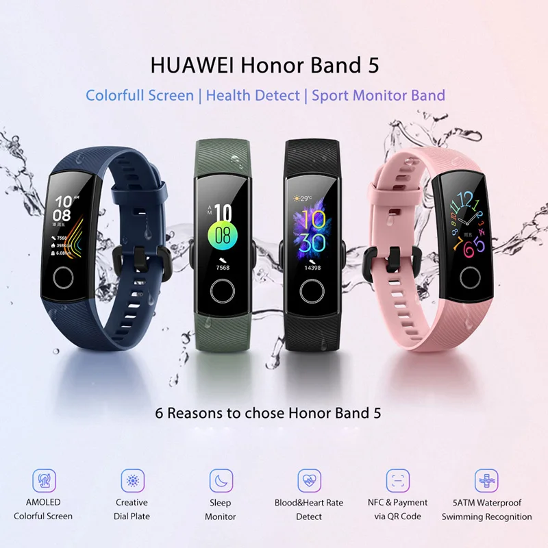 Смарт-браслет Honor Band 5, Оксиметр, сенсорный экран, волшебный цвет, для плавания, для обнаружения сердечного ритма, сна, сна, Honor Band5