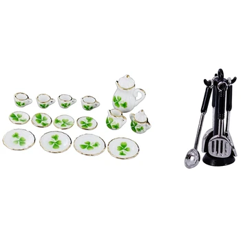 

1 Set 1/12 Dollhouse Miniature Dining Ware Porcelain Tea Set & 1 Set 1/12 Kitchenware Cookware Set for Dolls House