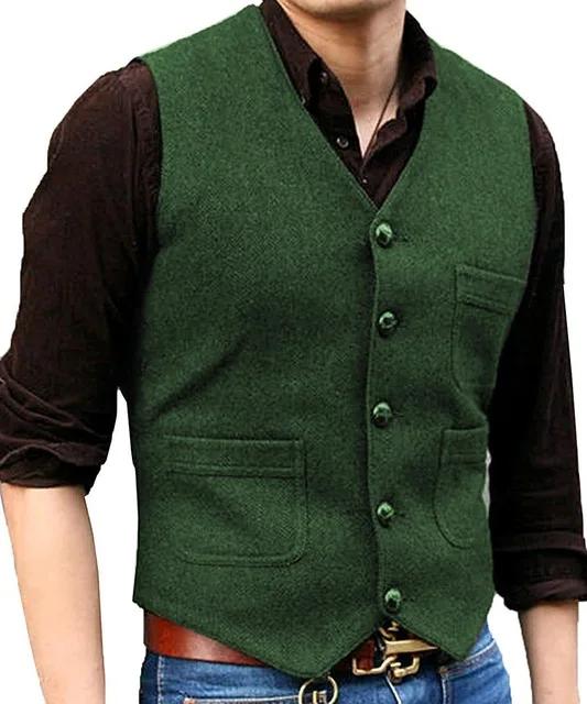 Мужской костюм формальный v-образный вырез шерсть в елочку твид Повседневный жилет официальный деловой жилет Groomman для свадьбы зеленый/черный/коричневый - Цвет: Green