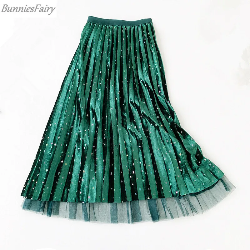 

BunniesFairy 2019 Fall Winter Korean Women Colorful Velvet Bling Stars Sequined Gauze Pleated Midi Skirt Reversible 2 Side Wear